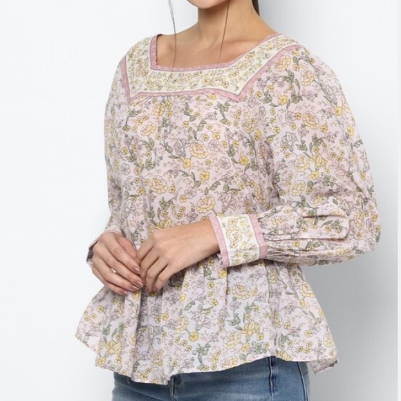 American Eagle floral cotton square neck peasant blouse pink NWT size large - Picture 2 of 13